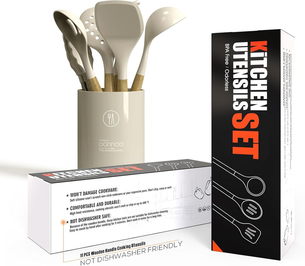 Silicone Cooking Utensils Set - 446°F Heat Resistant Silicone Kitchen Utensils for Cooking,Kitchen Utensil Spatula Set w Wooden Handles, BPA FREE Gadgets for Non-Stick Cookware (Khaki) - Image 5