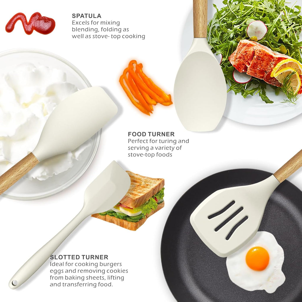 Silicone Cooking Utensils Set - 446°F Heat Resistant Silicone Kitchen Utensils for Cooking,Kitchen Utensil Spatula Set w Wooden Handles, BPA FREE Gadgets for Non-Stick Cookware (Khaki) - Image 3