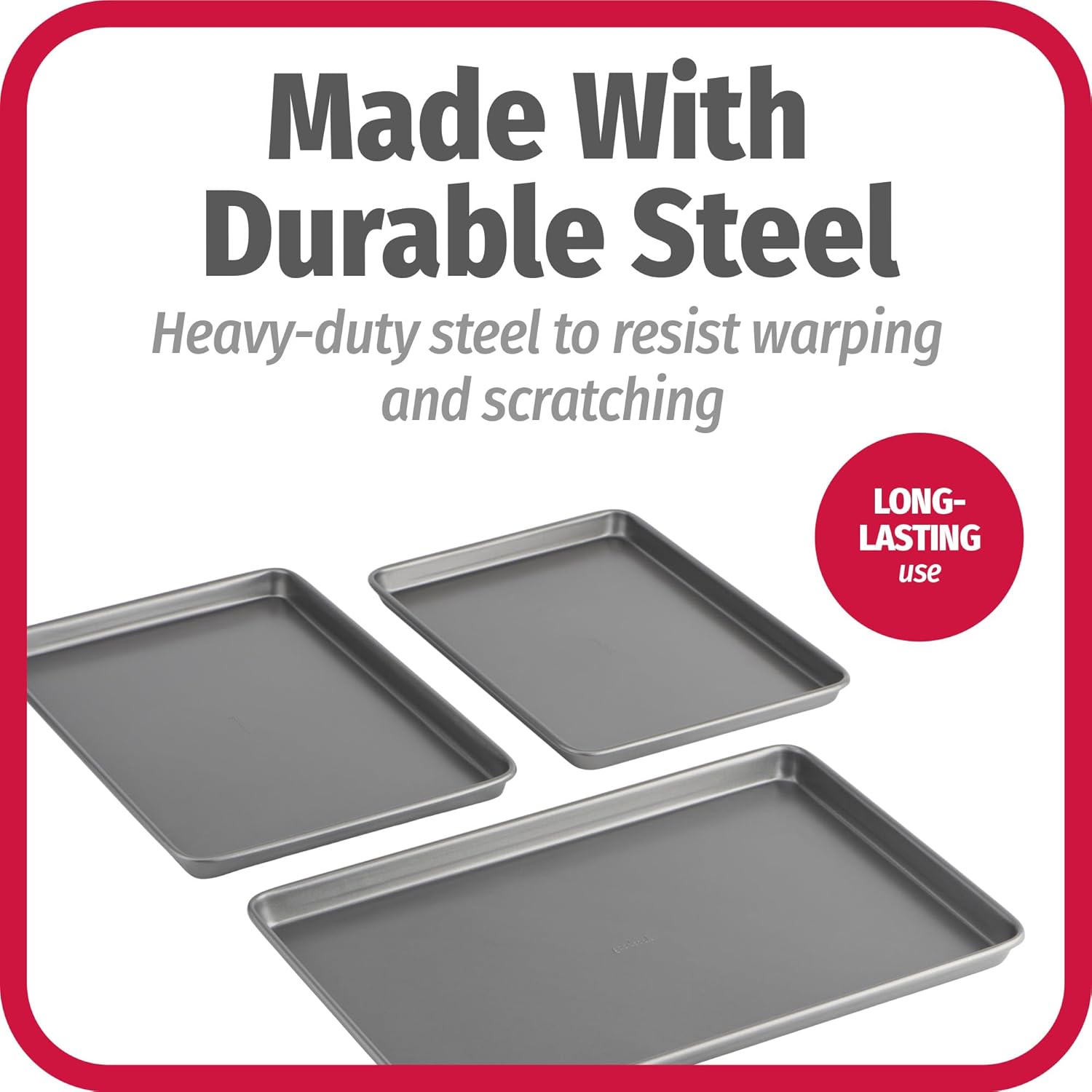 Everyday Nonstick Baking Sheet Set, 3 Pack Includes One Small, Medium & Large Pan Carbon Steel Construction Cookie Sheet Bakeware Set, Gray - Image 5