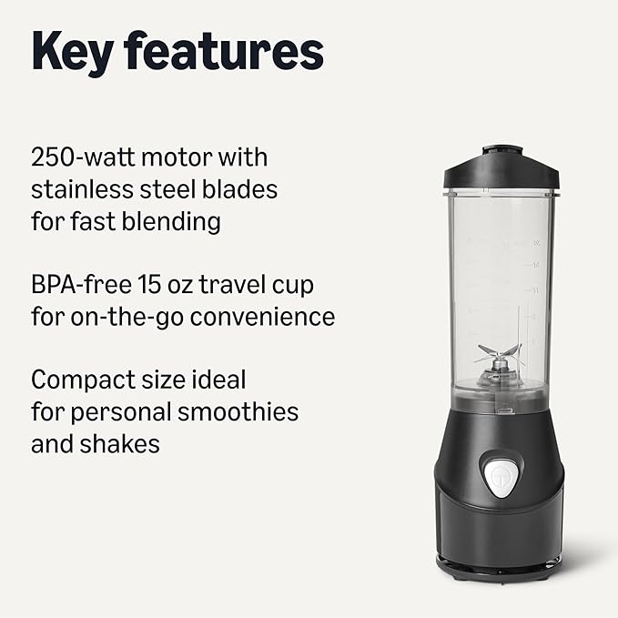 Portable Blender for Smoothies and Shakes with 250W Power,15 Oz BPA Free Travel Cup and Lid, Black