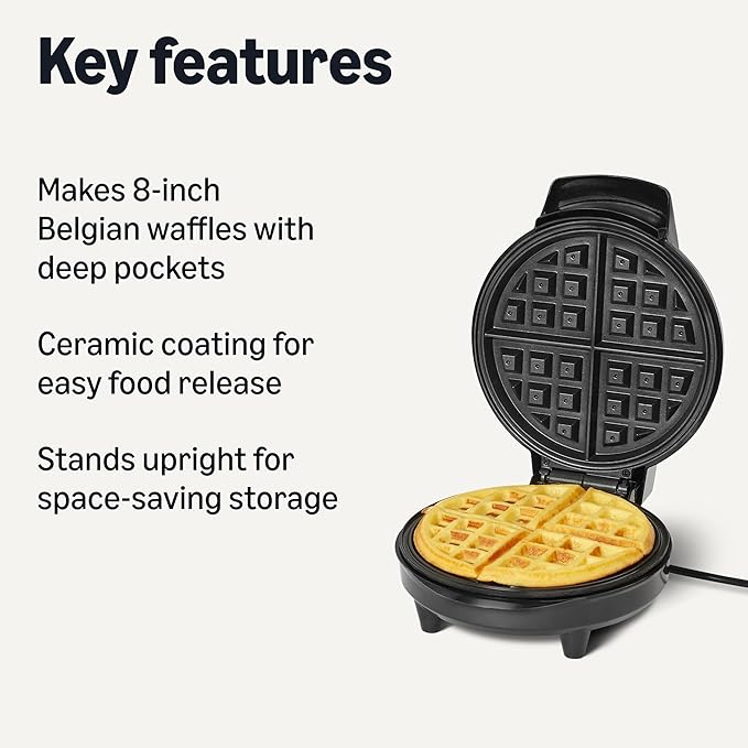 Mini Waffle Maker with Round 8-Inch Ceramic Nonstick Plate, Adjustable Browning Control, Cool Touch Handle, Vertical Storage, 8 Inches, Black