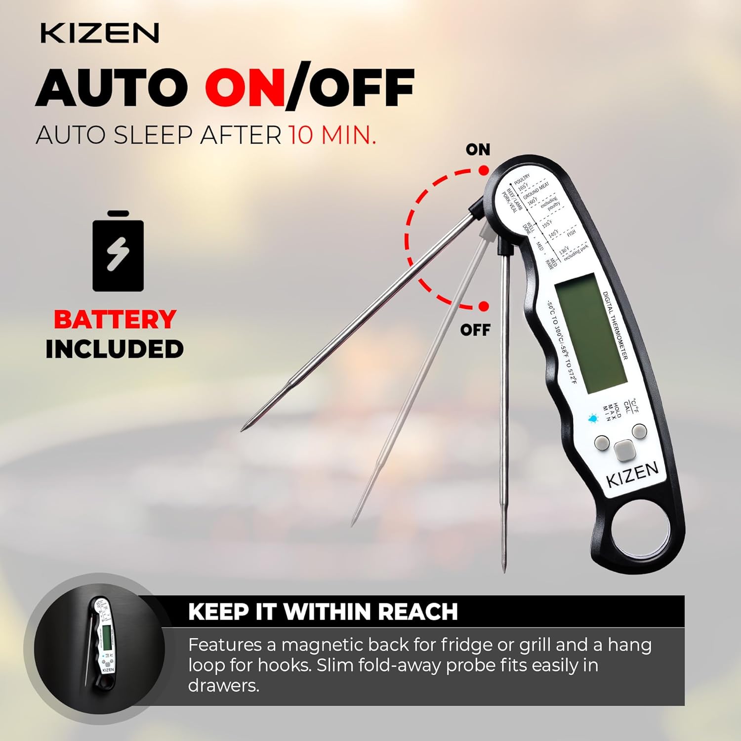 Instant Read Meat Thermometer Digital - Food Thermometer for Cooking, Grill, Oven, BBQ - IP67 Rated Waterproof - Large Backlit Display and Magnetic Back - Image 5