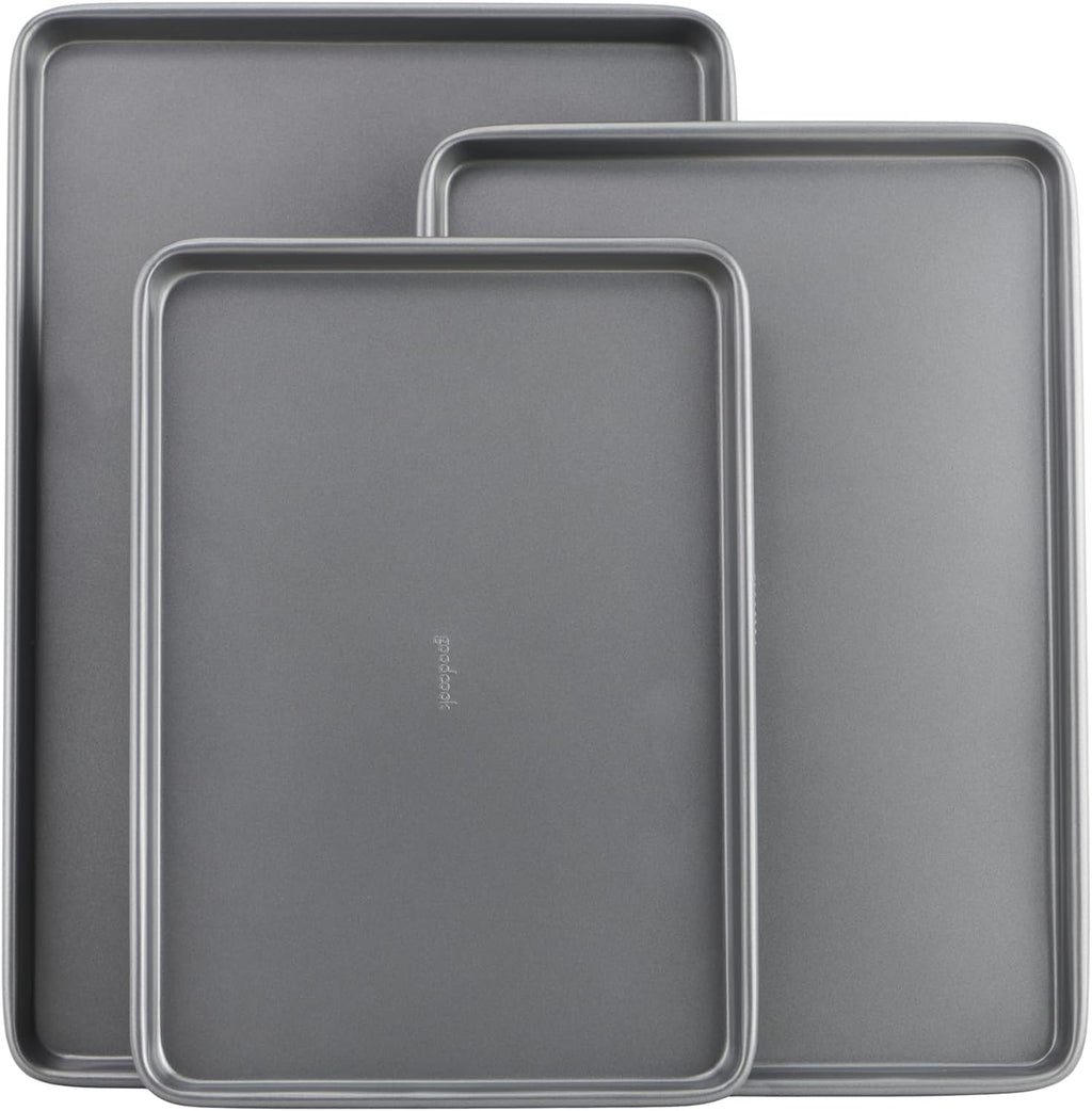 Everyday Nonstick Baking Sheet Set, 3 Pack Includes One Small, Medium & Large Pan Carbon Steel Construction Cookie Sheet Bakeware Set, Gray