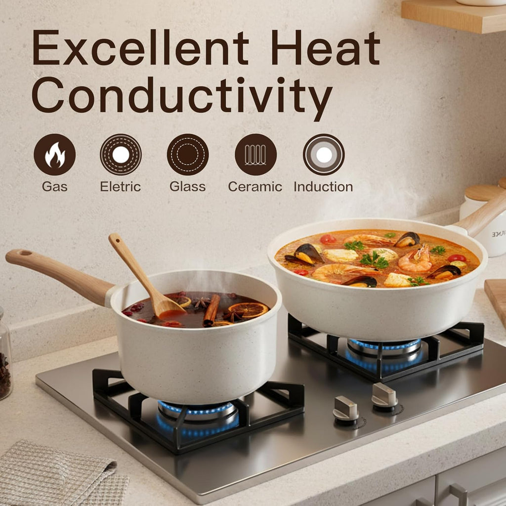Pots and Pans Set Non Stick Non-Toxic 22 Pcs Ceramic Cookware Sets Nonstick Kitchen Pot&Pan With Lid Cream White Granite Induction Compatible with Glass Lids Crepe Frying Pan PFOA/PFOS-Free - Image 4