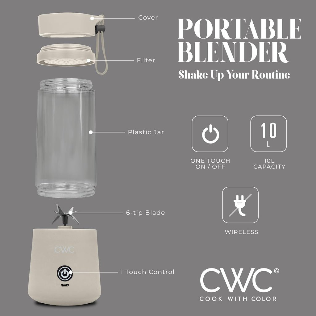 Mini Portable Blender - 250W Power, 12oz Capacity, Stainless Steel Blade, Wireless/USB Rechargeable, Creme - Image 2