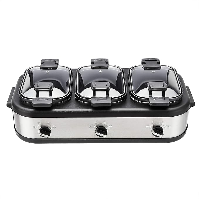 Steel Triple Slow Cooker, Dishwasher Safe, Non-Stick, 3 x 2.5 Quarts, Removable Pots, Individual Temp Control, Tempered Glass Lids