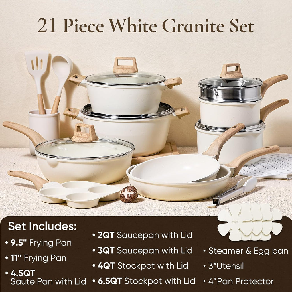 21Pcs Pots and Pans Set, Nonstick Cookware Sets, White Granite Induction Cookware Non Stick Cooking Set w/Frying Pans & Saucepans(PFOS, PFOA Free) - Image 2