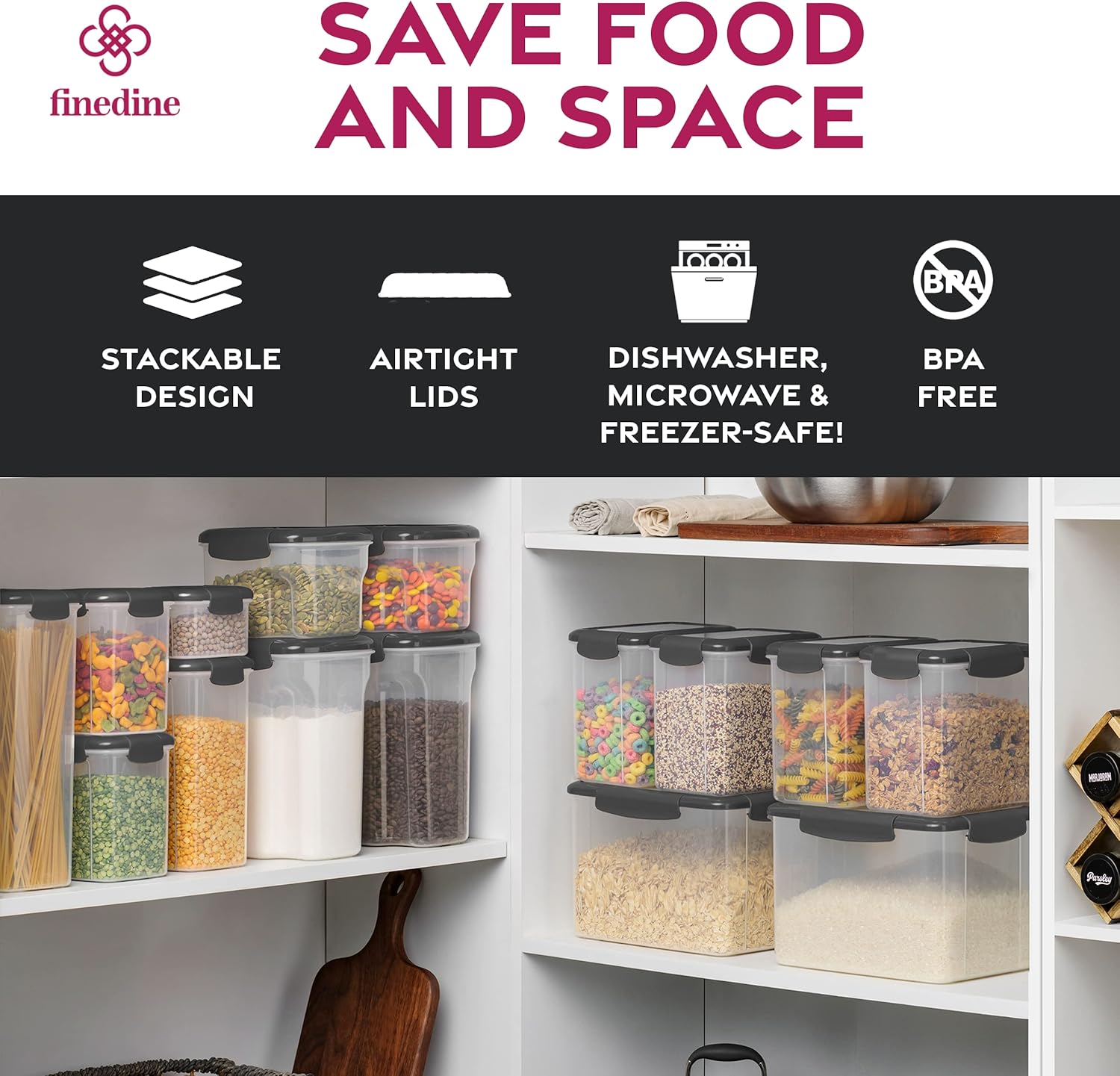 Airtight Food Storage Container Sets for Kitchen Pantry Organization and Storage - 12-Piece Set with Lids for Flour, Sugar, Cereal, and More (Grey) - Image 4