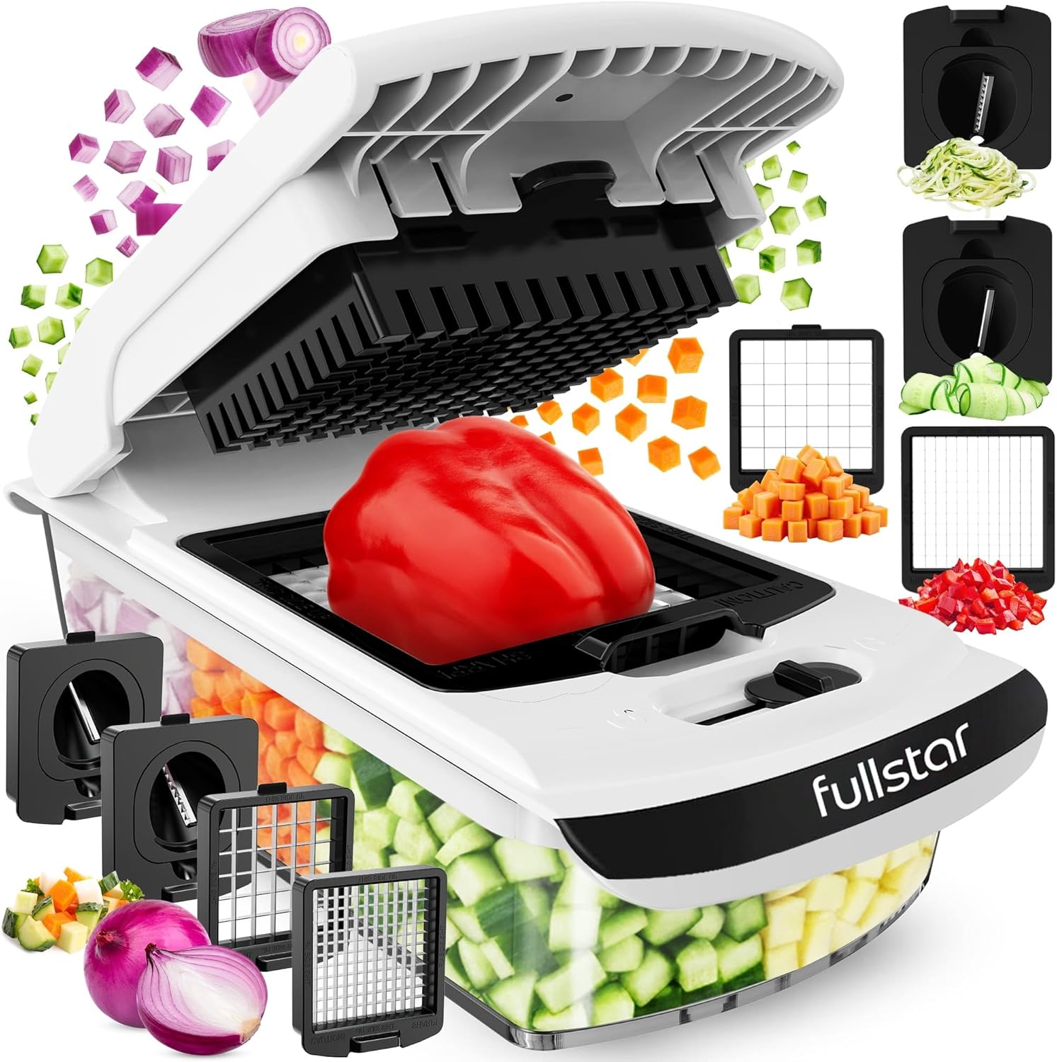 Vegetable Chopper and Spiralizer, Food Chopper with Container, Fruit Slicer, Kitchen Gadgets & Gifts, Home Essentials (4 in 1, White)