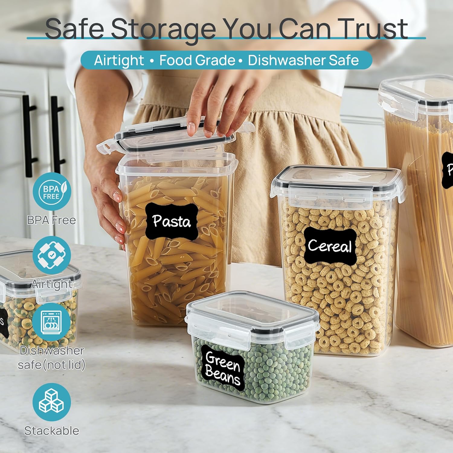 Airtight Food Storage Containers with Lids, 24 pcs Plastic Kitchen and Pantry Organization Canisters for Cereal, Dry Food, Flour and Sugar, BPA Free, Includes 24 Labels，Black - Image 4