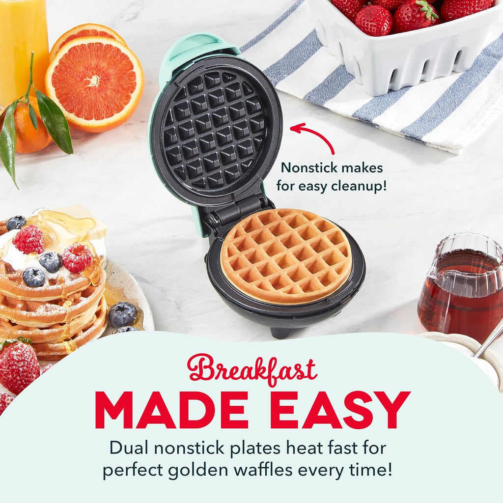Mini Waffle Maker- Compact Electric Iron for Creative Homemade Treats - Nonstick Surface - Easy-to-Clean - Perfect for Kids & Families - Aqua - Image 3