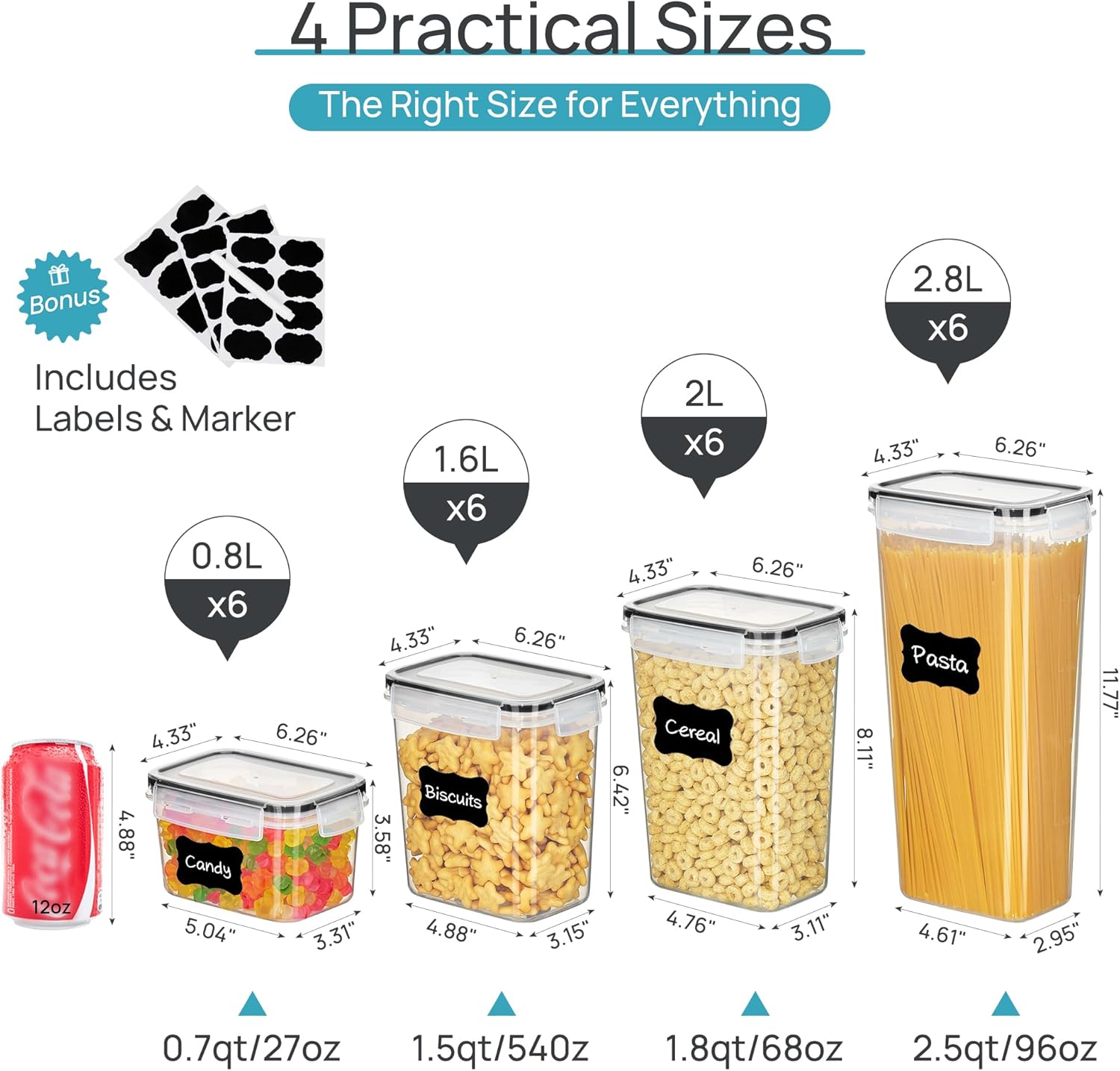 Airtight Food Storage Containers with Lids, 24 pcs Plastic Kitchen and Pantry Organization Canisters for Cereal, Dry Food, Flour and Sugar, BPA Free, Includes 24 Labels，Black - Image 2