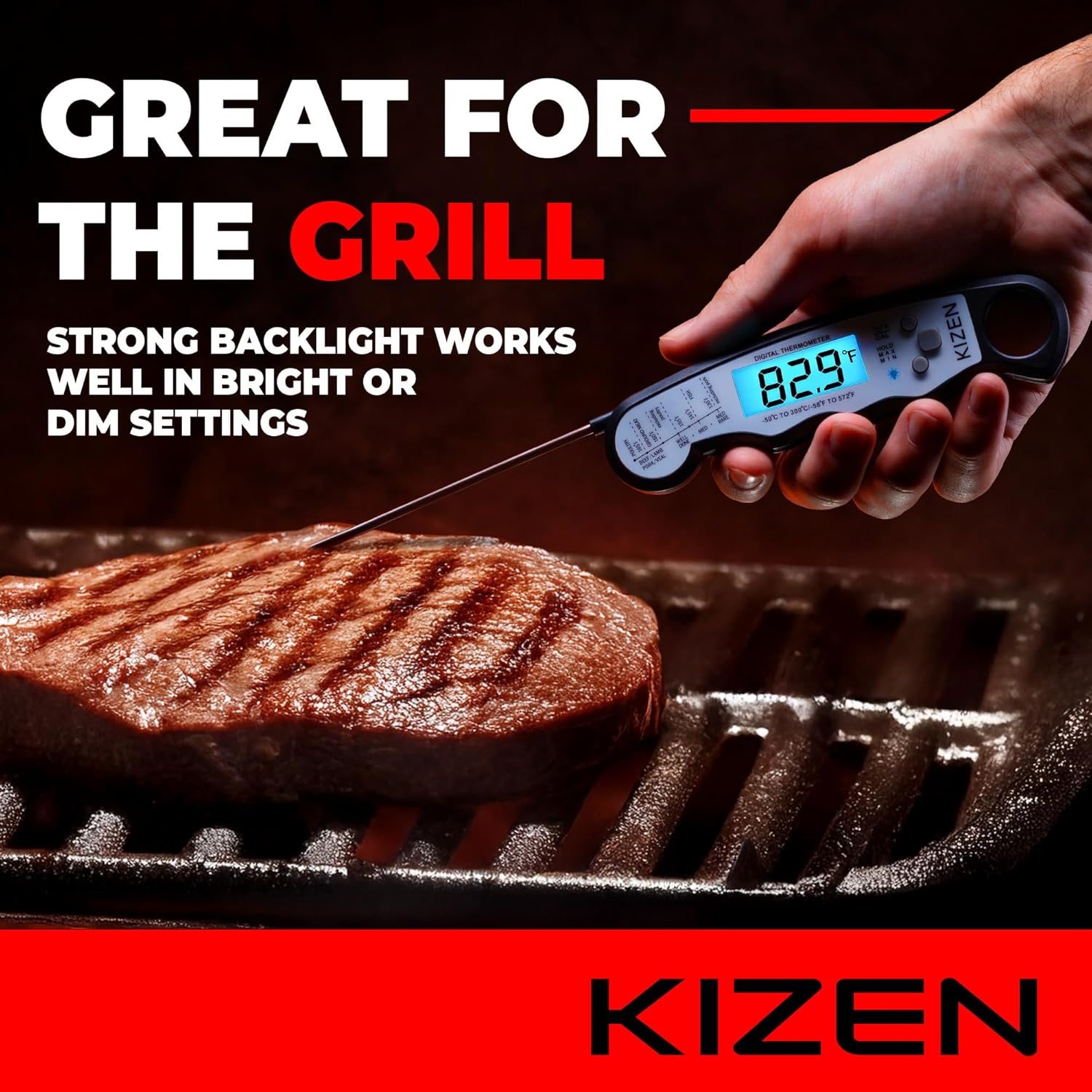 Instant Read Meat Thermometer Digital - Food Thermometer for Cooking, Grill, Oven, BBQ - IP67 Rated Waterproof - Large Backlit Display and Magnetic Back - Image 3