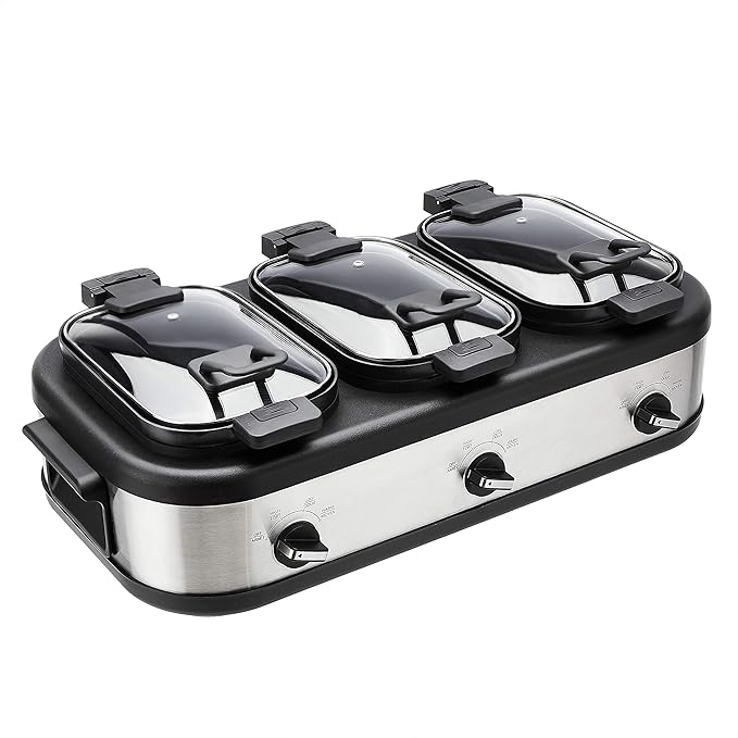 Steel Triple Slow Cooker, Dishwasher Safe, Non-Stick, 3 x 2.5 Quarts, Removable Pots, Individual Temp Control, Tempered Glass Lids