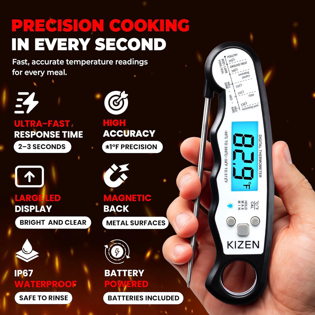 Instant Read Meat Thermometer Digital - Food Thermometer for Cooking, Grill, Oven, BBQ - IP67 Rated Waterproof - Large Backlit Display and Magnetic Back - Image 2