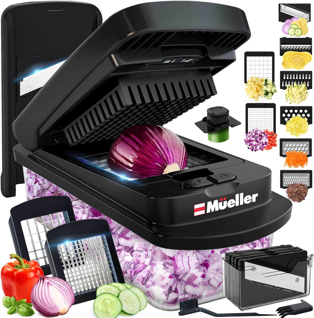 10-in-1, 8 Blade Vegetable Chopper, Mandoline Slicer, Onion Mincer, Cutter, Dicer, Veggie Chopper with Container, Kitchen Essentials & Gadgets, House Warming Gifts New Home, Black