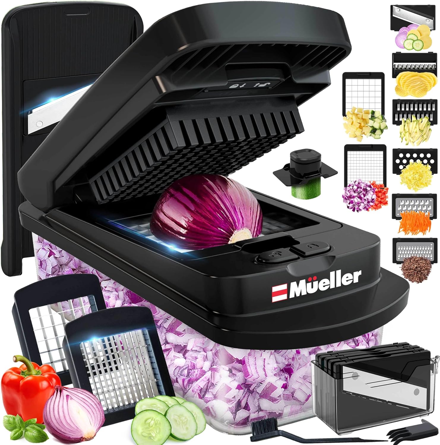 10-in-1, 8 Blade Vegetable Chopper, Mandoline Slicer, Onion Mincer, Cutter, Dicer, Veggie Chopper with Container, Kitchen Essentials & Gadgets, House Warming Gifts New Home, Black