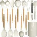 Silicone Cooking Utensils Set - 446°F Heat Resistant Silicone Kitchen Utensils for Cooking,Kitchen Utensil Spatula Set w Wooden Handles, BPA FREE Gadgets for Non-Stick Cookware (Khaki)