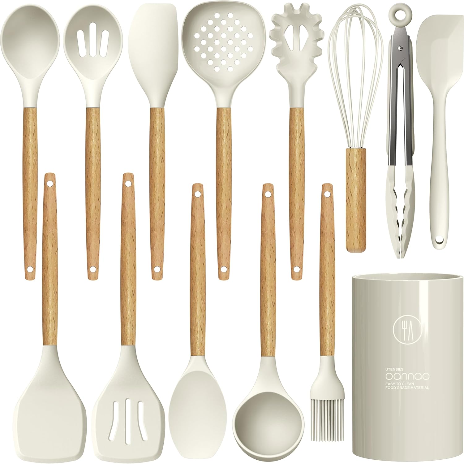 Silicone Cooking Utensils Set - 446°F Heat Resistant Silicone Kitchen Utensils for Cooking,Kitchen Utensil Spatula Set w Wooden Handles, BPA FREE Gadgets for Non-Stick Cookware (Khaki)