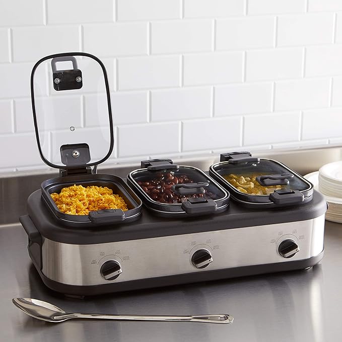 Steel Triple Slow Cooker, Dishwasher Safe, Non-Stick, 3 x 2.5 Quarts, Removable Pots, Individual Temp Control, Tempered Glass Lids