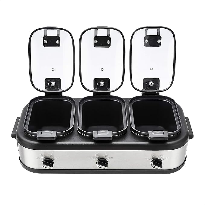 Steel Triple Slow Cooker, Dishwasher Safe, Non-Stick, 3 x 2.5 Quarts, Removable Pots, Individual Temp Control, Tempered Glass Lids