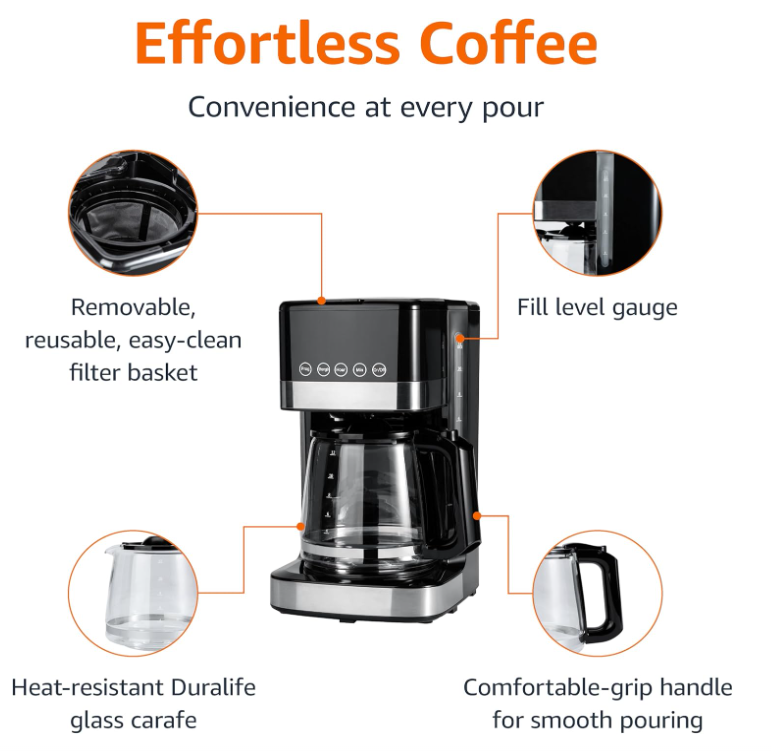 Programmable 12 Cup Drip Coffee Maker with Glass Coffee Pot (1.9 Qt), Auto Shut-off, Touch Screen, Auto Pause, Removable Filter Basket, Black
