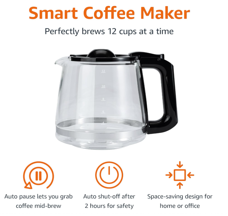 Programmable 12 Cup Drip Coffee Maker with Glass Coffee Pot (1.9 Qt), Auto Shut-off, Touch Screen, Auto Pause, Removable Filter Basket, Black
