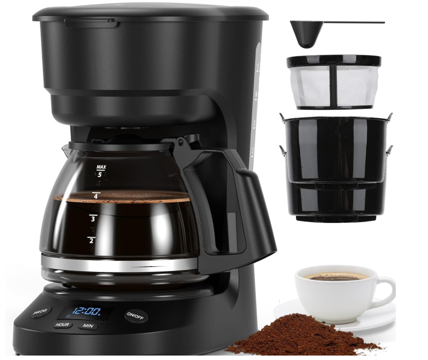 5 Cup Programmable Drip Coffee Maker, 24H Delay Brew, 2H Keep Warm & Auto Shut Off, Pause & Serve, Reusable Filter, Glass Coffee Pot, Small Coffee Machine for Home Office