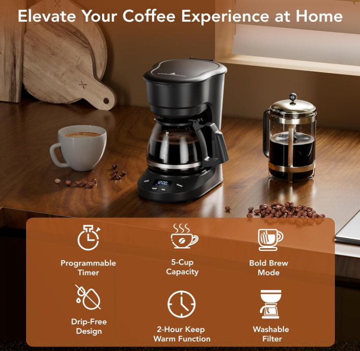 5 Cup Programmable Drip Coffee Maker, 24H Delay Brew, 2H Keep Warm & Auto Shut Off, Pause & Serve, Reusable Filter, Glass Coffee Pot, Small Coffee Machine for Home Office