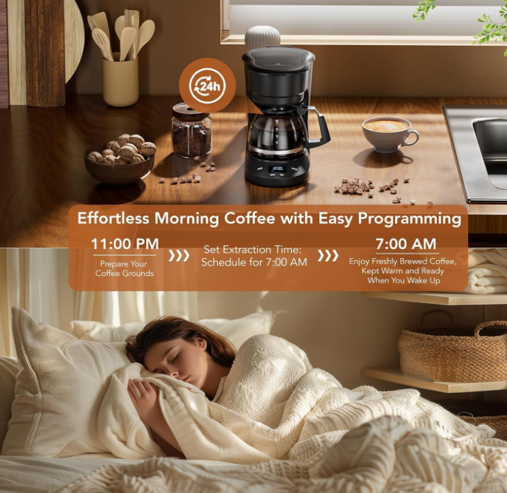 5 Cup Programmable Drip Coffee Maker, 24H Delay Brew, 2H Keep Warm & Auto Shut Off, Pause & Serve, Reusable Filter, Glass Coffee Pot, Small Coffee Machine for Home Office