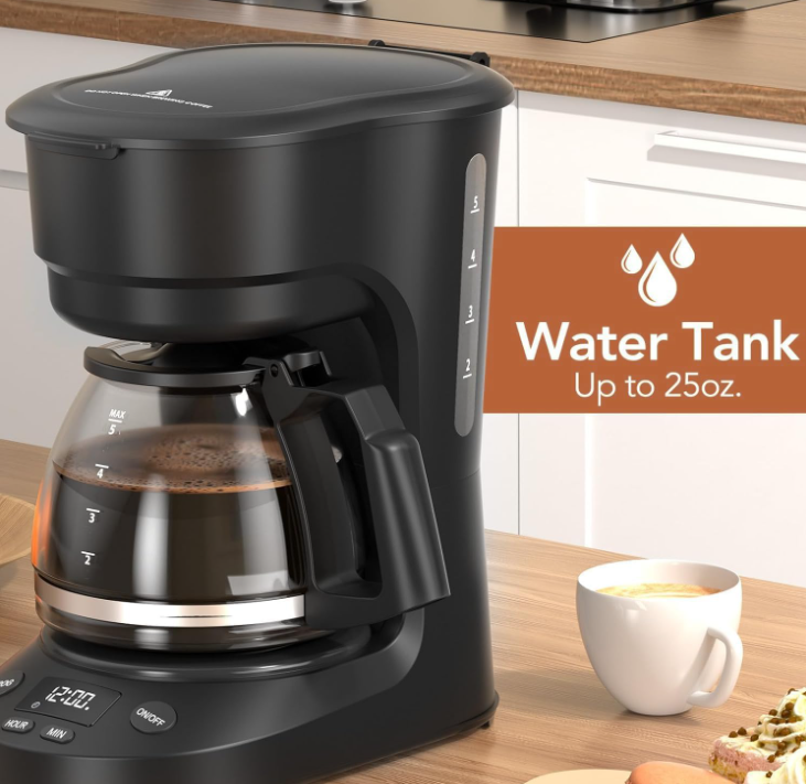 5 Cup Programmable Drip Coffee Maker, 24H Delay Brew, 2H Keep Warm & Auto Shut Off, Pause & Serve, Reusable Filter, Glass Coffee Pot, Small Coffee Machine for Home Office