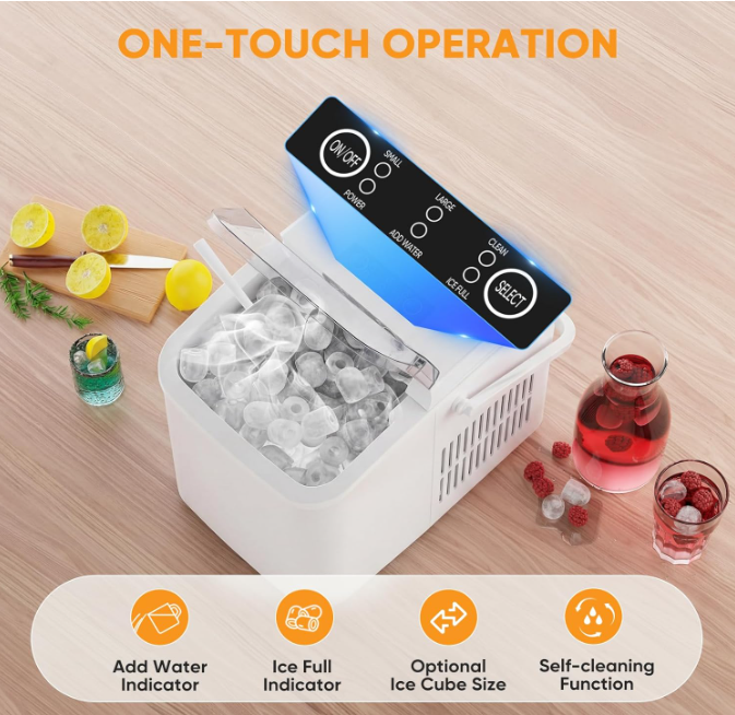 Portable Ice Machine with Handle, 6 Mins 9 Bullet Ice Cubes with Basket and Scoop, 26lbs in 24Hrs, Auto-Cleaning, for Home, Kitchen, RV, Camping, White