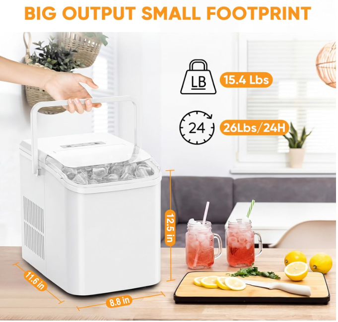 Portable Ice Machine with Handle, 6 Mins 9 Bullet Ice Cubes with Basket and Scoop, 26lbs in 24Hrs, Auto-Cleaning, for Home, Kitchen, RV, Camping, White