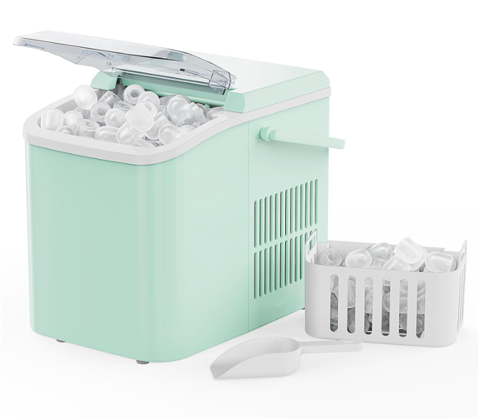 Portable Ice Machine, 9 Bullet Ice Cubes in 6 Mins, 26lbs in 24Hrs, Auto-Cleaning, with Basket and Scoop, for Home, Kitchen, RV, Camping,Green