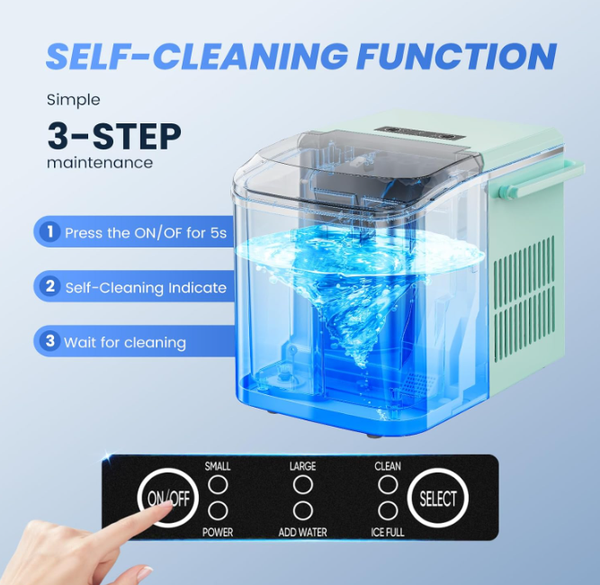 Portable Ice Machine, 9 Bullet Ice Cubes in 6 Mins, 26lbs in 24Hrs, Auto-Cleaning, with Basket and Scoop, for Home, Kitchen, RV, Camping,Green