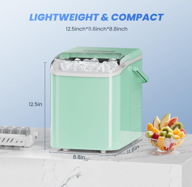 Portable Ice Machine, 9 Bullet Ice Cubes in 6 Mins, 26lbs in 24Hrs, Auto-Cleaning, with Basket and Scoop, for Home, Kitchen, RV, Camping,Green