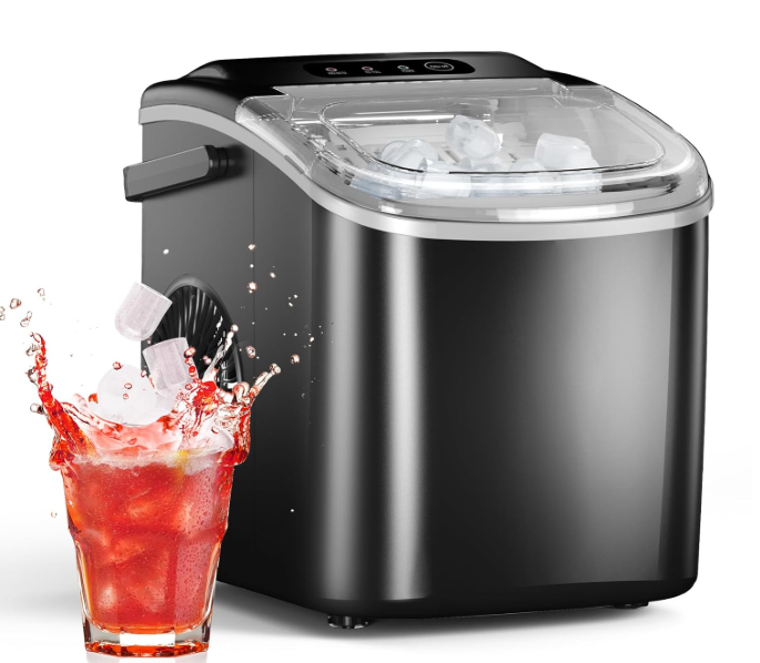 Efficient Easy Carry Ice Machine, Self-Cleaning Ice Maker with Ice Scoop & Basket, 9pcs/ 6mins 26.6Lbs Per Day for Home/Office/Kitchen,Black
